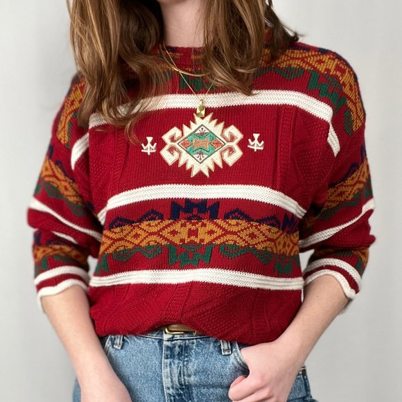 Vintage Sweaters - Stunning Vintage Oversized Western Bohemian Aztec Southwestern Boho Knit Sweater